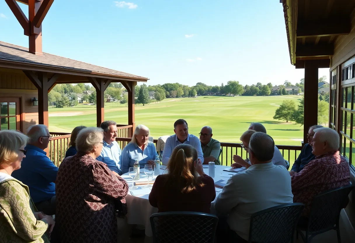 Residents discussing urban planning at a golf clubhouse in North Myrtle Beach