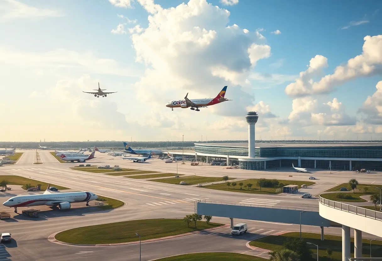 Vibrant view of Orlando International Airport with airplanes