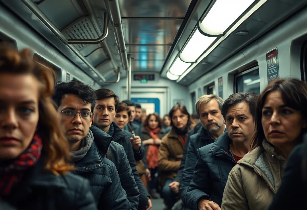 Passengers in a train looking anxious about safety