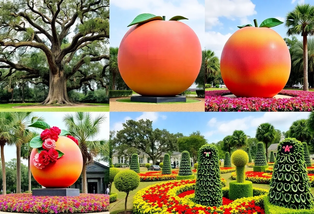 Collage of quirky attractions in South Carolina including Angel Oak, Gaffney Peachoid, and topiary gardens.