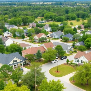 Scenic view of a small town in South Carolina highlighting affordable homes and community parks.