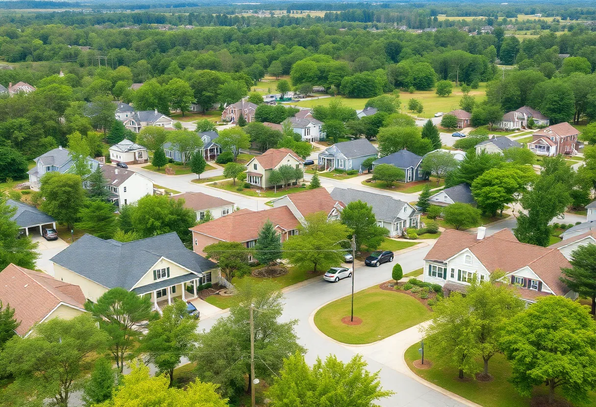 Scenic view of a small town in South Carolina highlighting affordable homes and community parks.