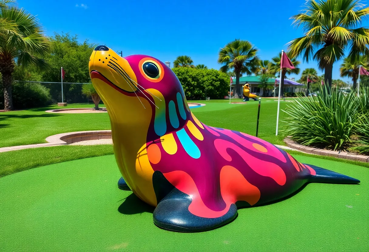Restored Springmaid Seal statue at Harbor Oaks mini golf course in Myrtle Beach