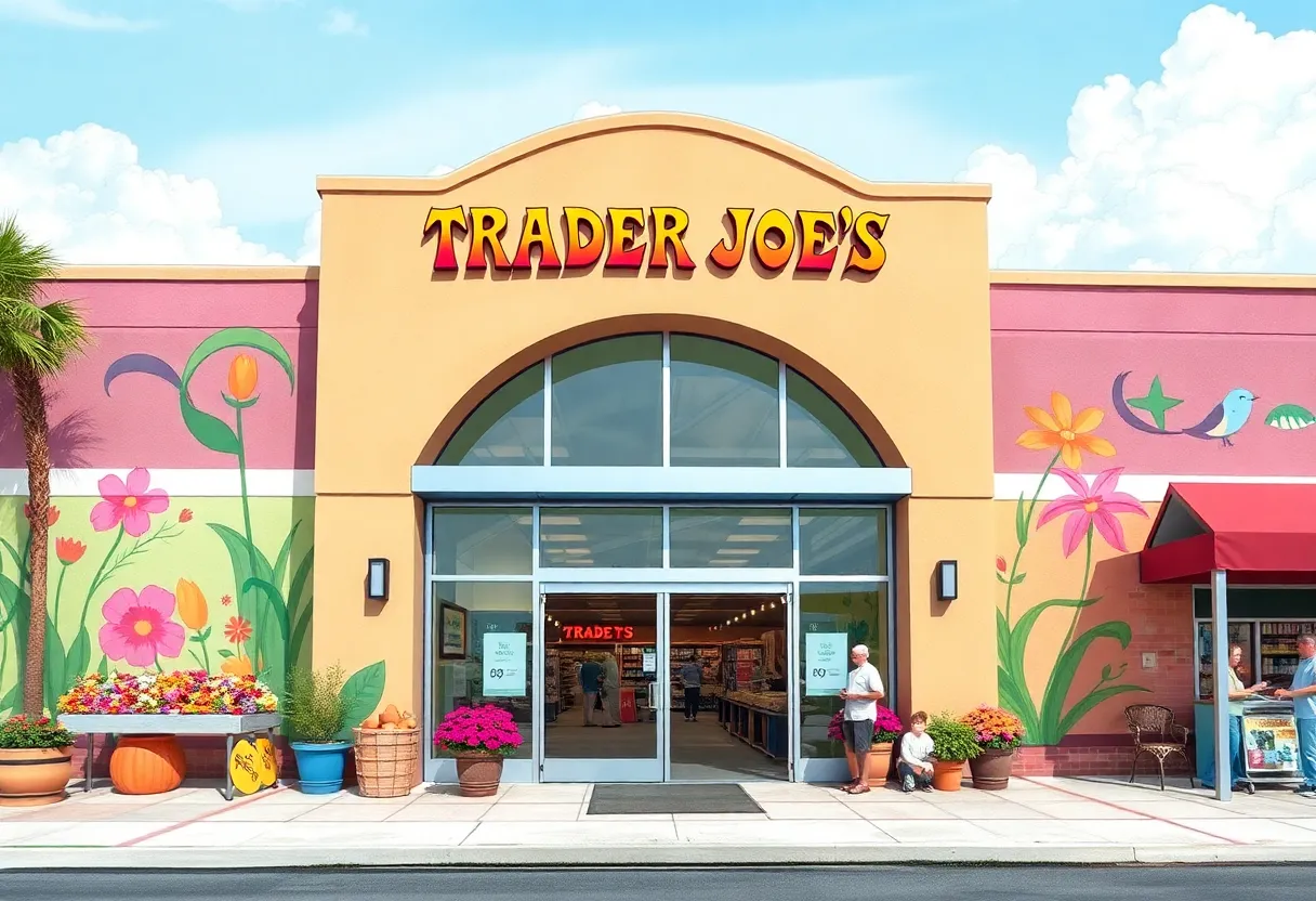 A lively scene at Trader Joe's grand opening in Myrtle Beach with colorful decorations and shoppers enjoying the store.