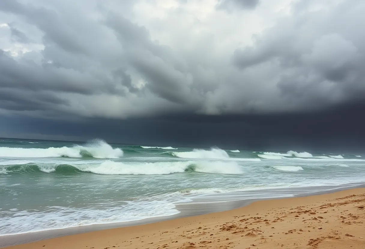 Stormy weather and strong waves on the Carolina coast due to Tropical Storm Imelda