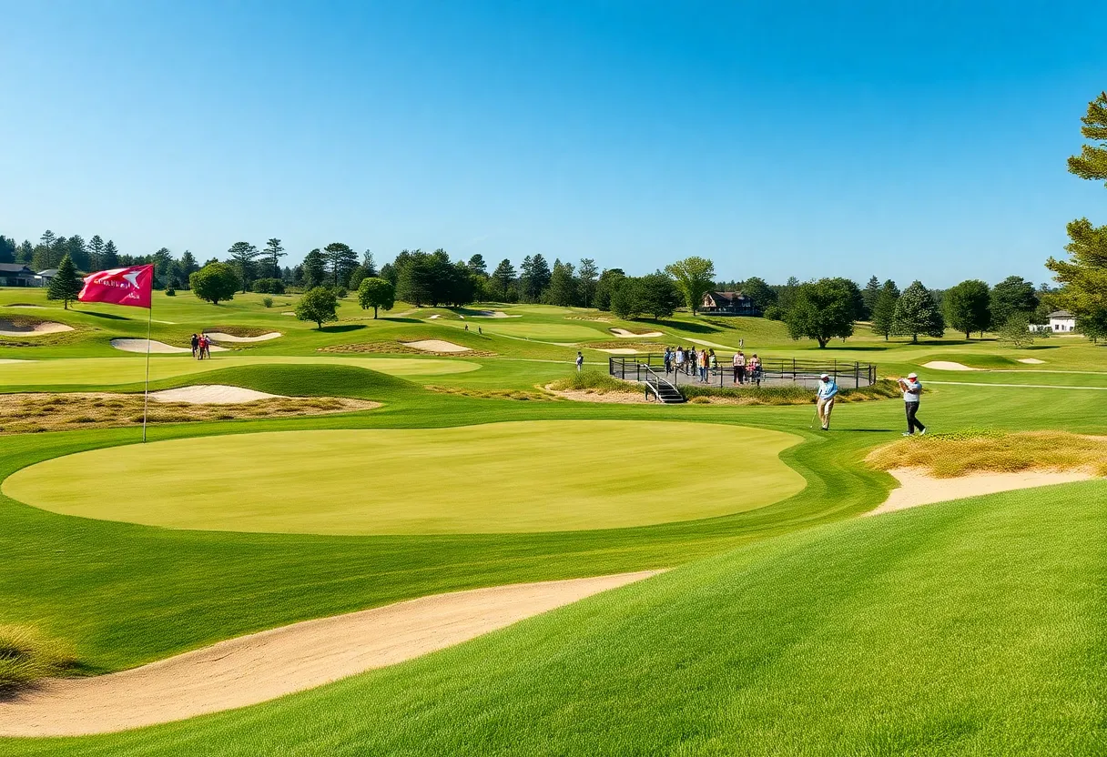 View of the renovated Whispering Pines Golf Club with vibrant greens and modern bunkers.