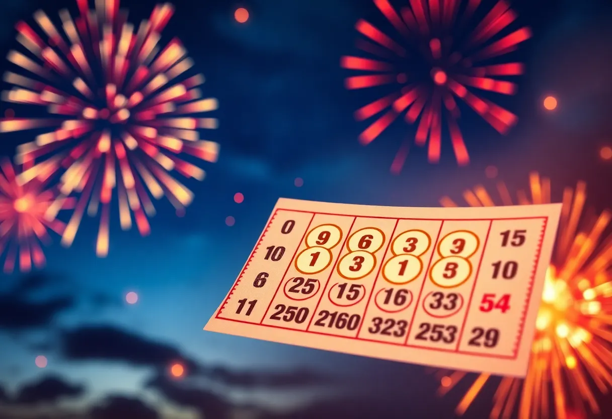 Colorful lottery ticket with numbers and fireworks