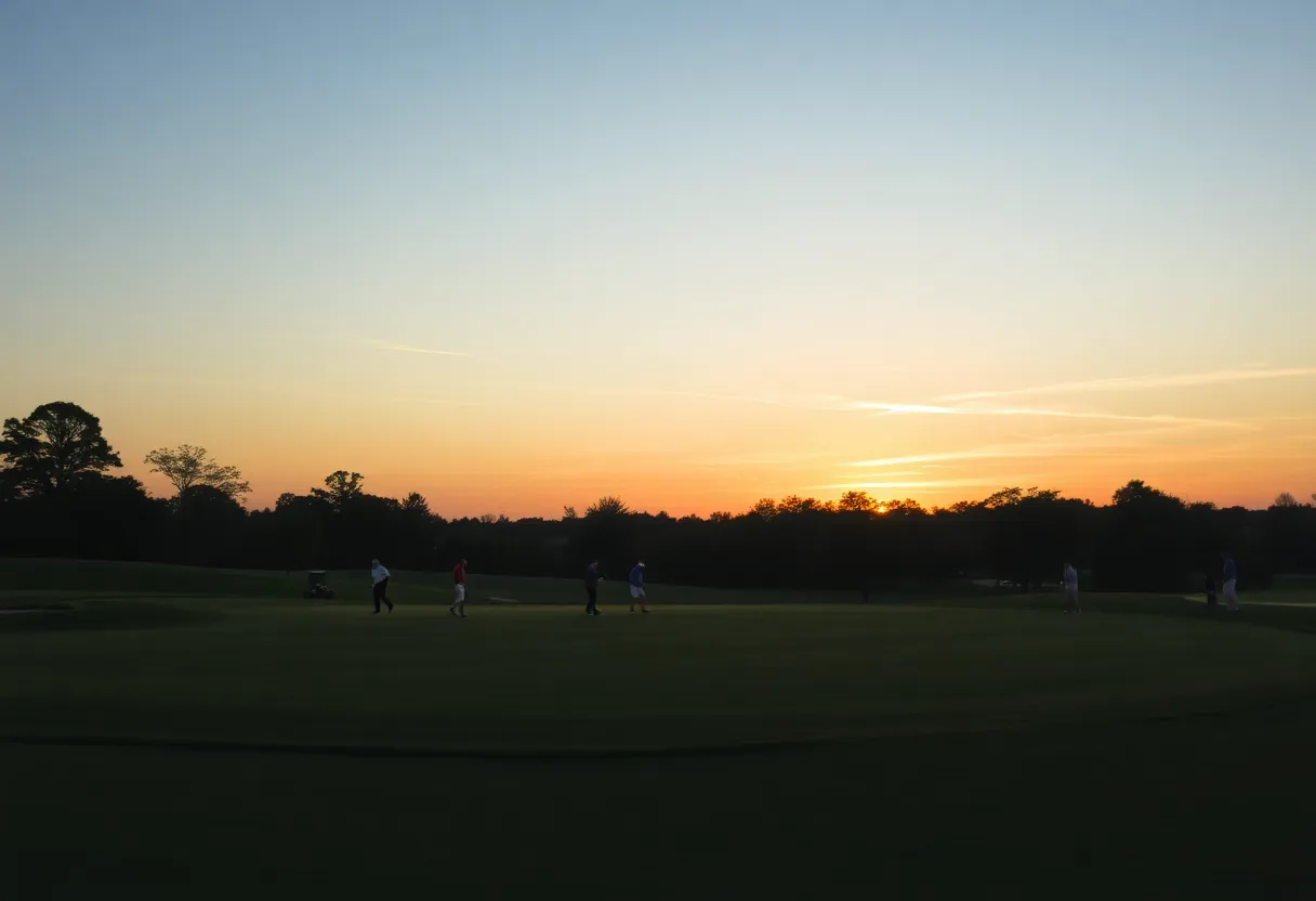 Golf course during sunset with players