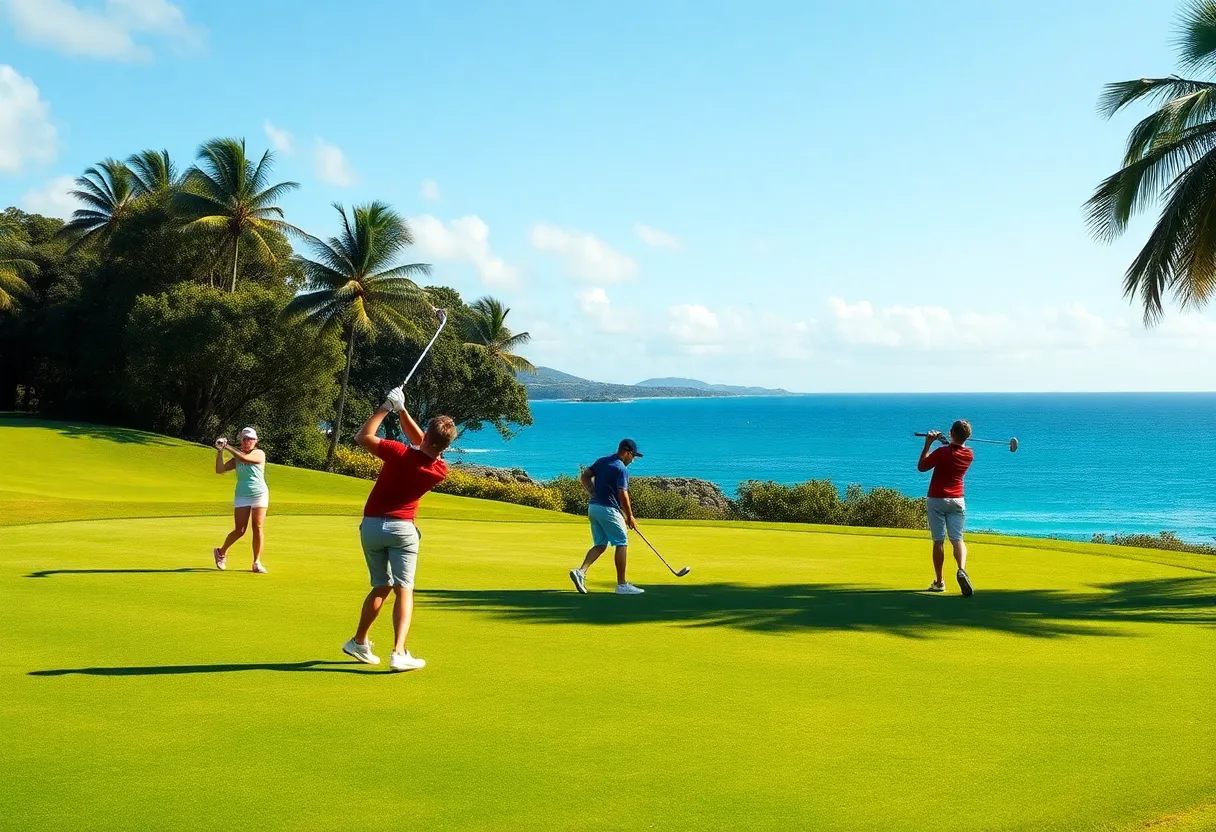 A young golfer practicing on a scenic golf course in Bermuda