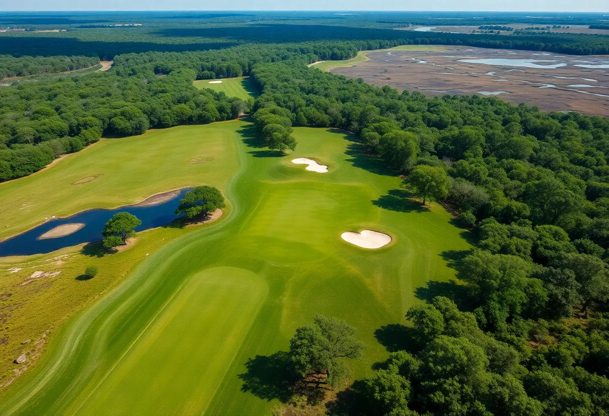 Aerial view of Caledonia Golf & Fish Club showcasing the course layout and natural surroundings.