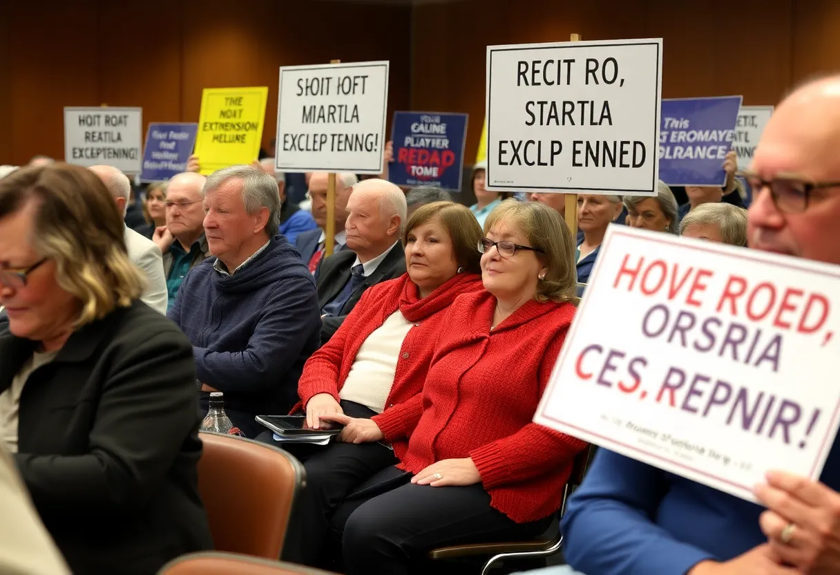 Residents at public hearing objecting to Carolina Bays Parkway extension