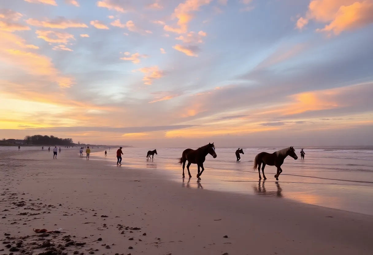 Autumn beach scene in Chincoteague with wild ponies