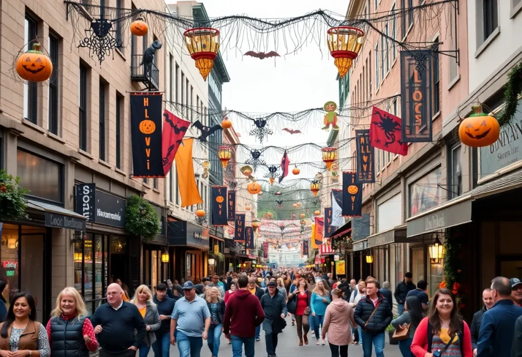 Crowds enjoying Halloween festivities in downtown Conway with decorations.