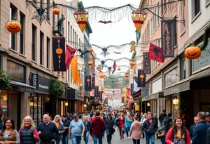 Crowds enjoying Halloween festivities in downtown Conway with decorations.