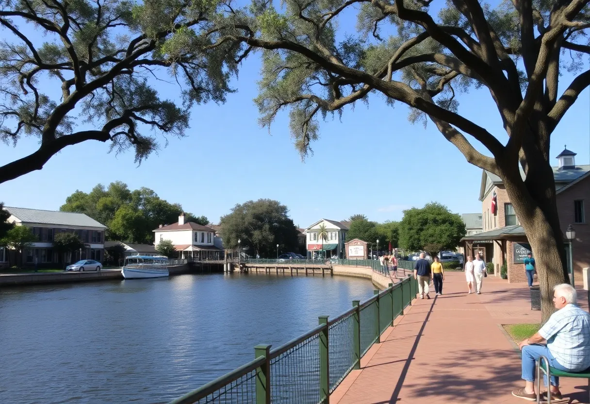 Riverwalk in Conway, South Carolina, with live oaks and retirees