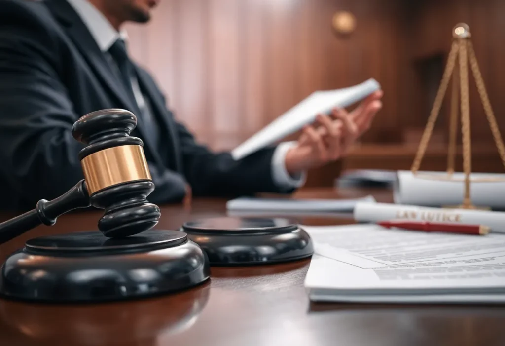 A courtroom with legal documents and a gavel, symbolizing a defamation lawsuit.
