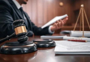 A courtroom with legal documents and a gavel, symbolizing a defamation lawsuit.