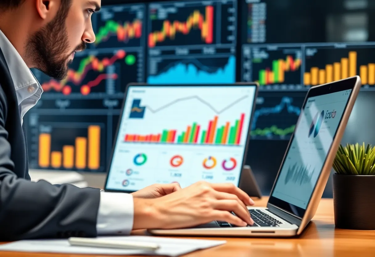 Business professional analyzing digital marketing data on a laptop