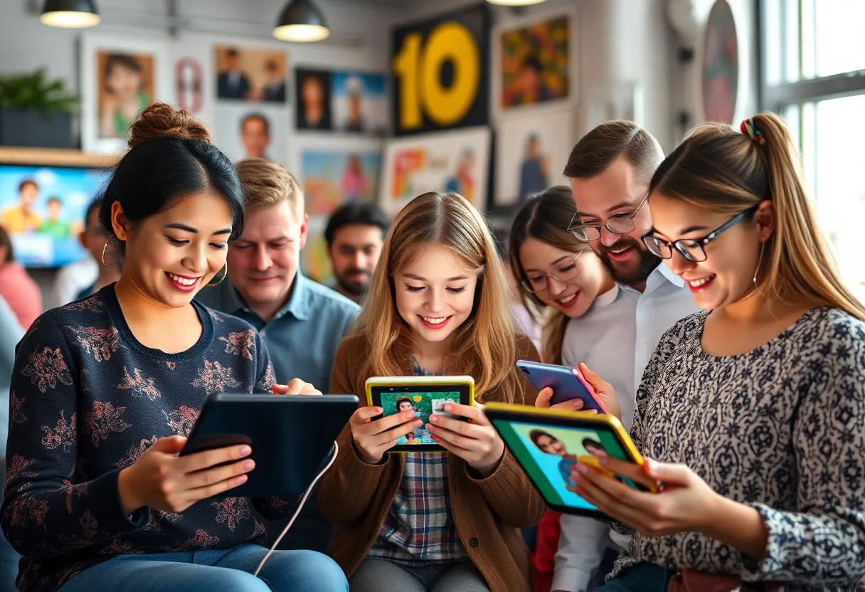 A colorful scene depicting digital storytelling with people engaged with storytelling on devices.
