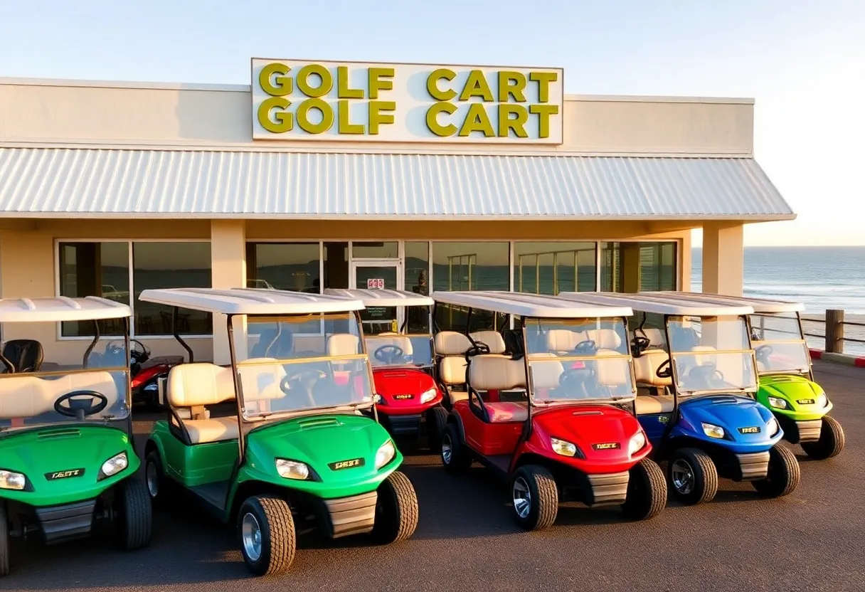 Exterior view of Fat Boys Golf Carts dealership with colorful golf carts
