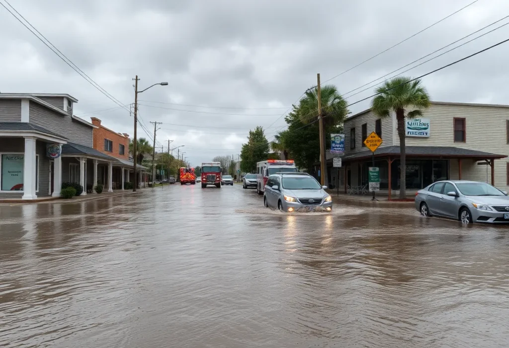 Flooded street in Georgetown SC with emergency responders