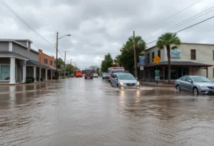 Flooded street in Georgetown SC with emergency responders