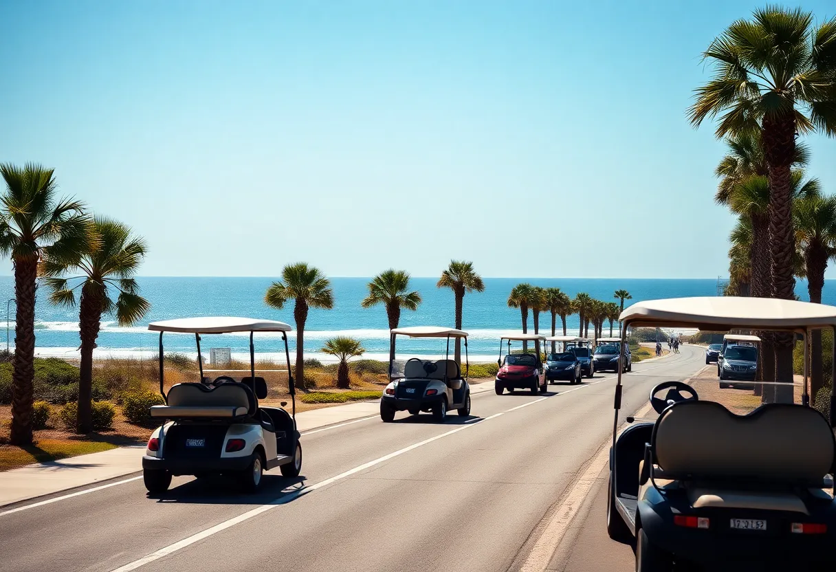Golf carts driving along a coastal road in North Myrtle Beach