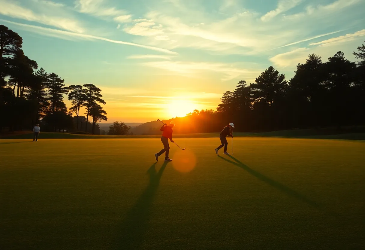 Scenic golf course at sunset with practicing players in the background