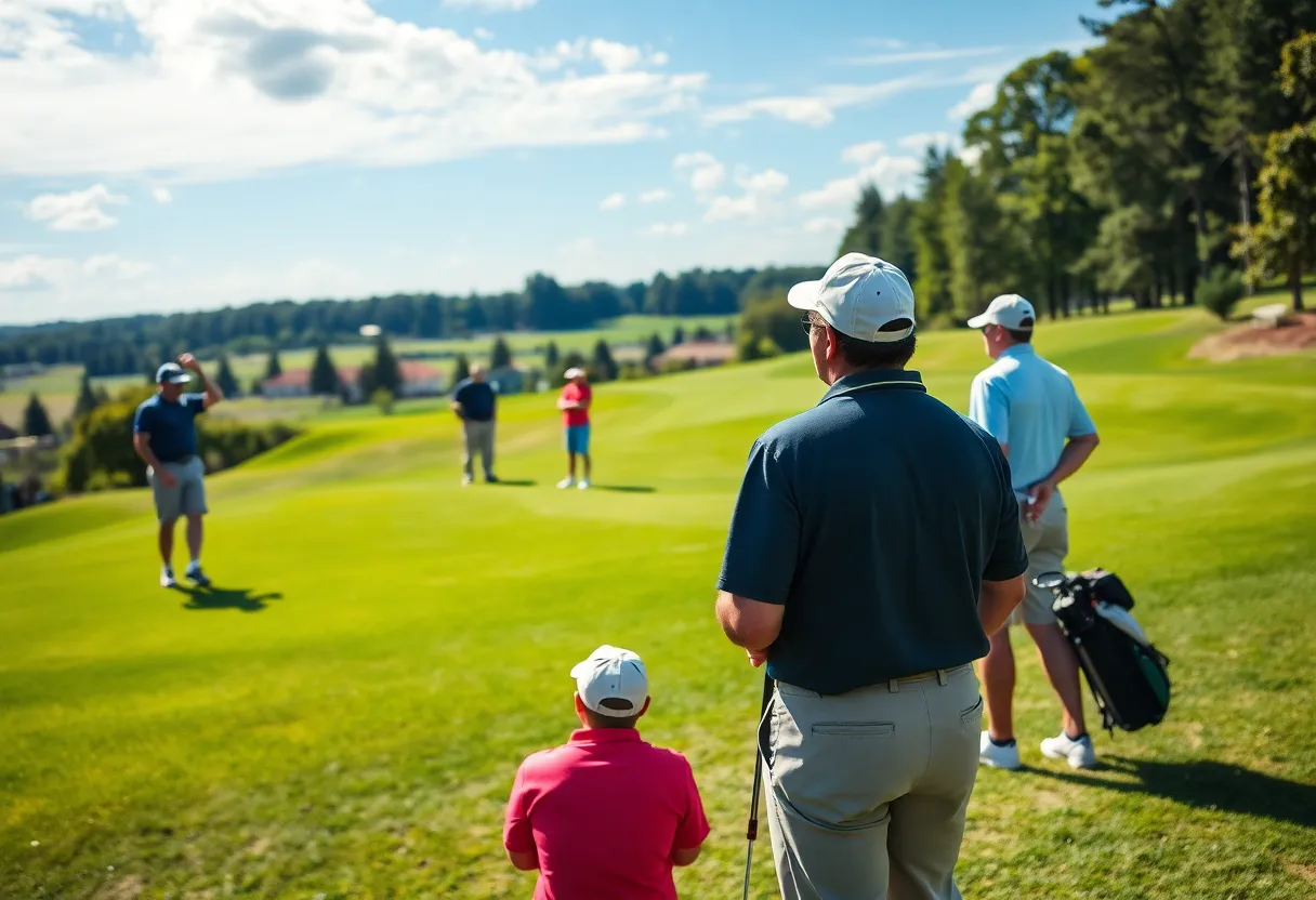 Participants enjoying a golf tournament supporting disabled veterans at Heathland Golf Course in Myrtle Beach.