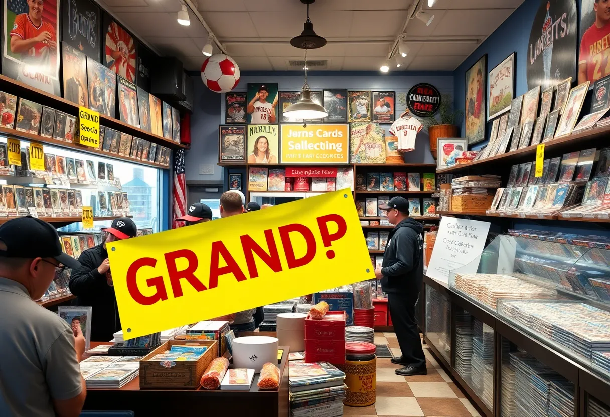 Crowd enjoying the grand opening of a new sports card shop