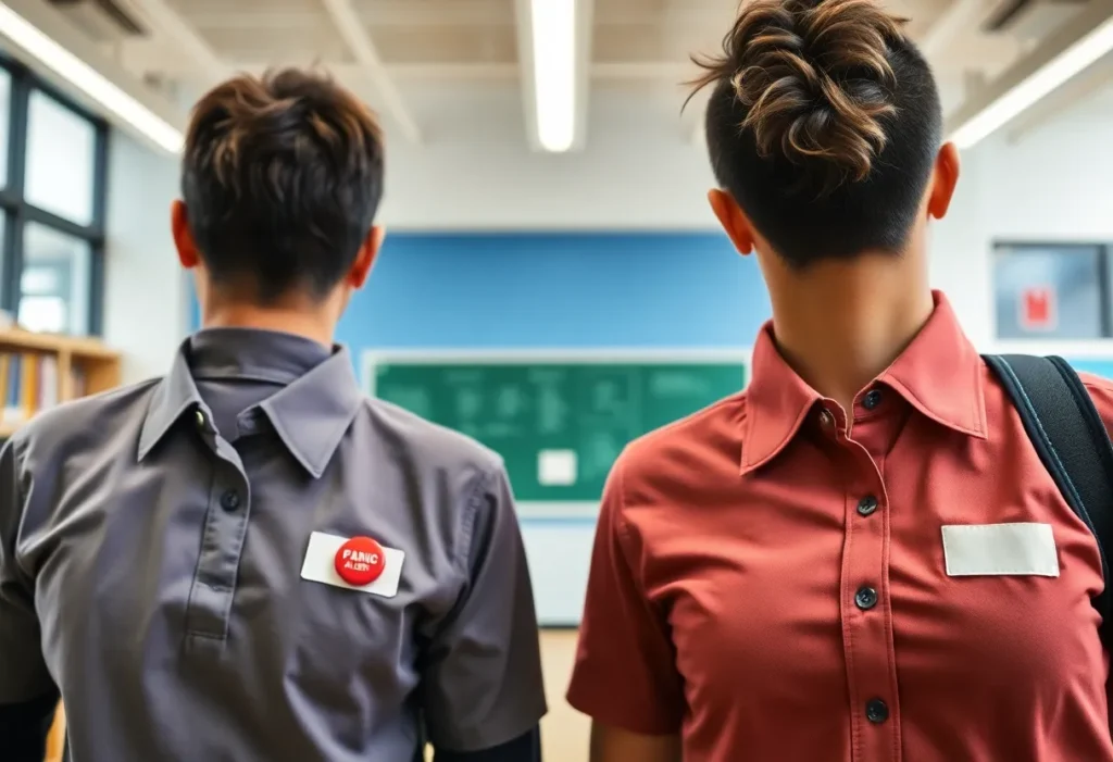 Crisis-alert system displayed in a school setting with panic buttons.