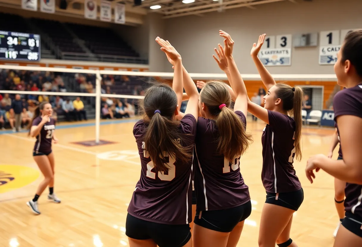 Players from JMU volleyball team celebrating their win