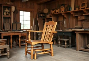 Replica of the Lincoln chair displayed in a woodworking shop