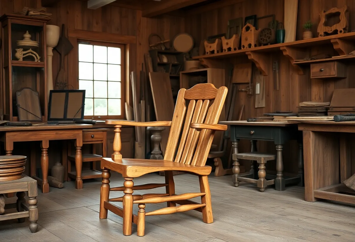 Replica of the Lincoln chair displayed in a woodworking shop