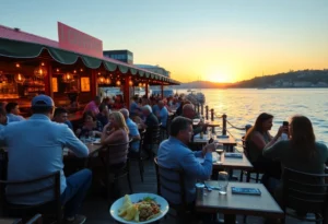 Outdoor seating at Marina Bar and Grill with diners enjoying the view