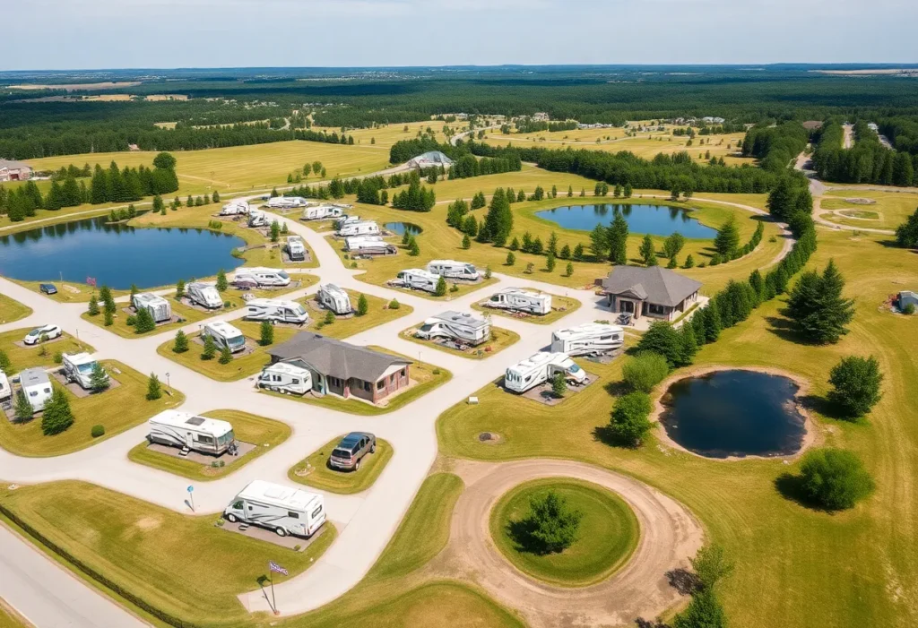Aerial view of Midpoint I-95 RV Park with RVs and clubhouse