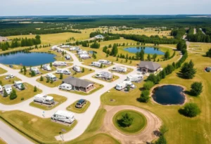 Aerial view of Midpoint I-95 RV Park with RVs and clubhouse
