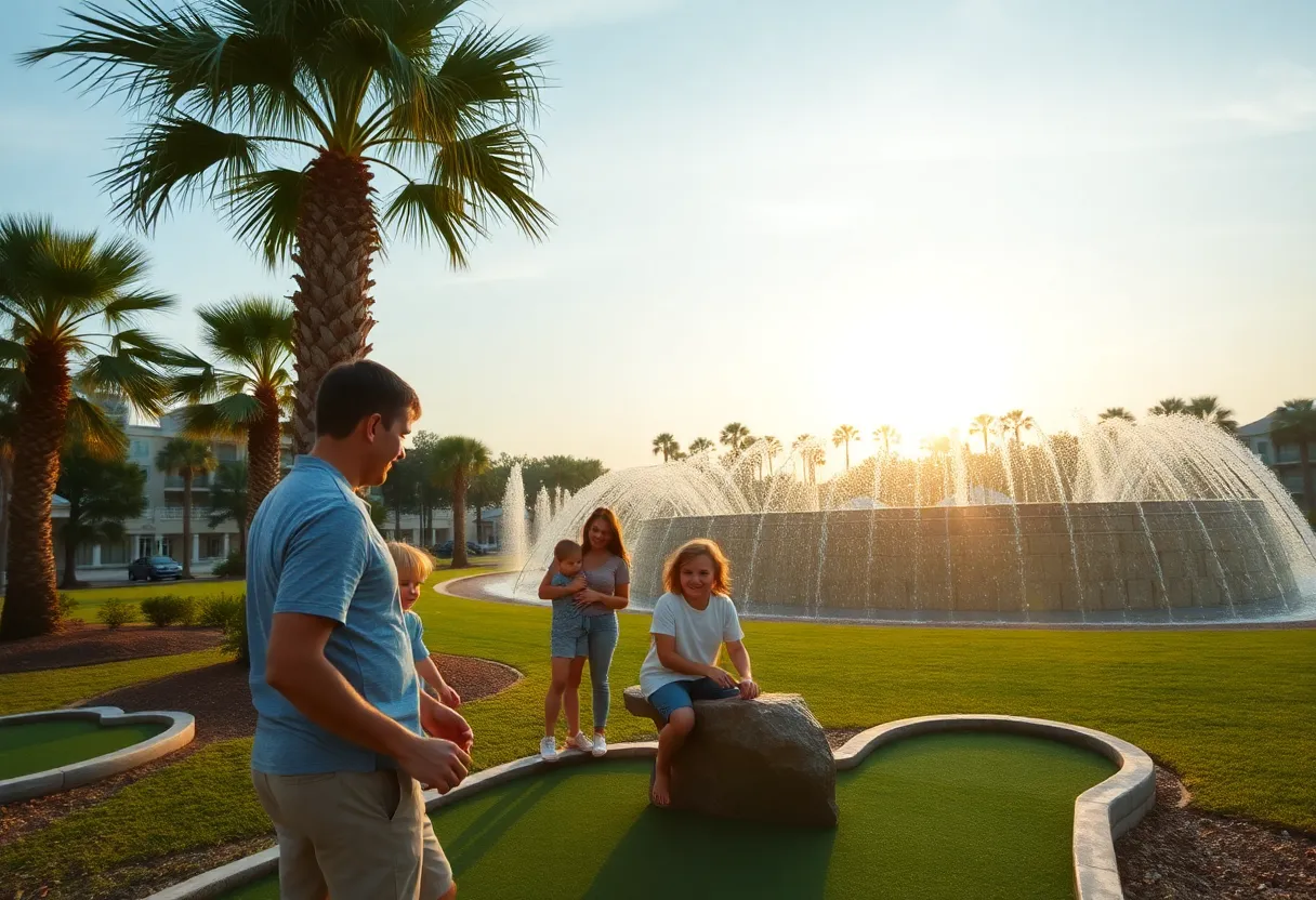 Family playing mini golf under palm trees at Myrtle Beach
