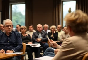 Residents discussing the psychiatric hospital proposal at a community meeting.