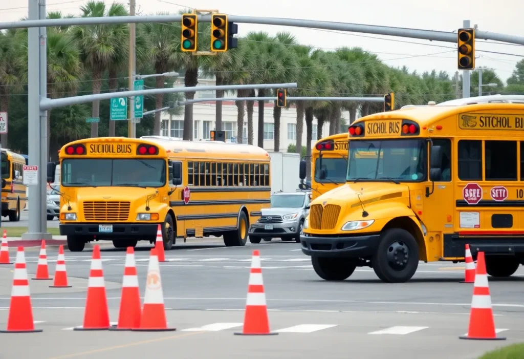 School buses at an intersection in Myrtle Beach, highlighting road safety concerns.