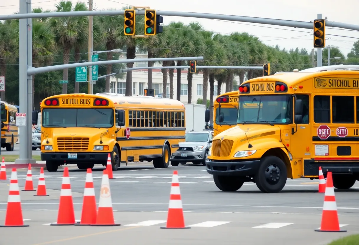 School buses at an intersection in Myrtle Beach, highlighting road safety concerns.