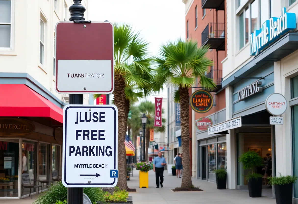 Downtown Myrtle Beach with shops and free parking signs