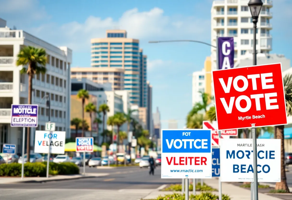 Cityscape of Myrtle Beach with election signs.