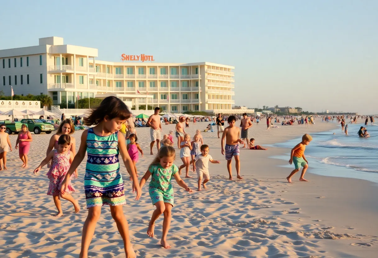 Families enjoying the beach at The Shelby Hotel, Myrtle Beach.