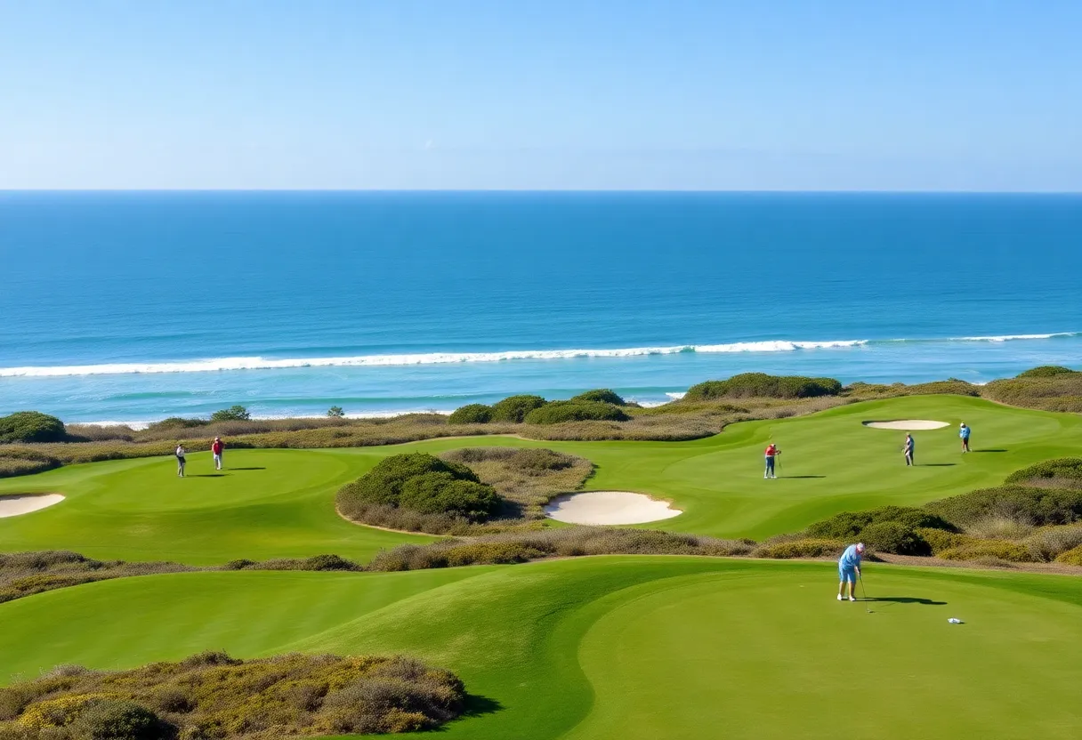 Scenic Myrtle Beach golf course with golfers on the green.