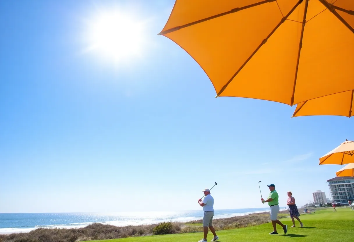 Scenic view of a golf course in Myrtle Beach under clear blue skies.