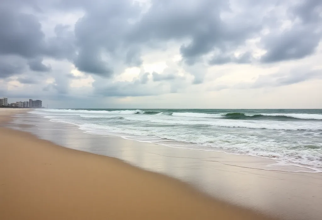 Stormy weather at Myrtle Beach during Hurricane Melissa, highlighting ocean waves.