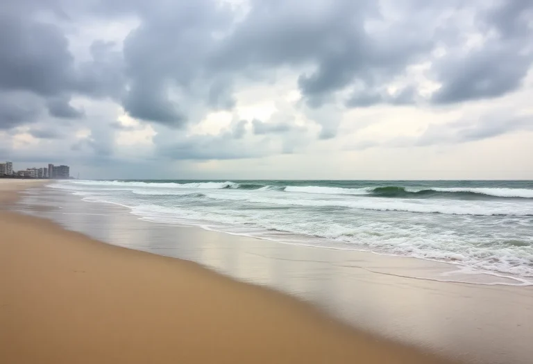 Stormy weather at Myrtle Beach during Hurricane Melissa, highlighting ocean waves.