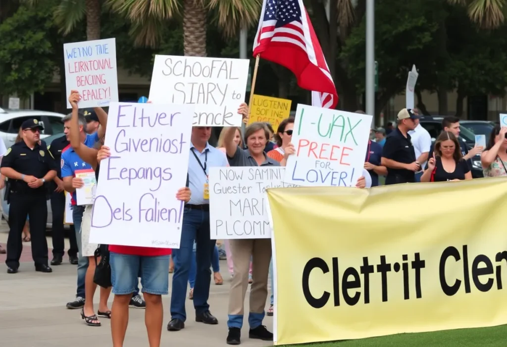 Protesters gathered in Myrtle Beach holding signs during a political demonstration