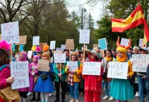 Diverse group of protest participants at Myrtle Beach with banners